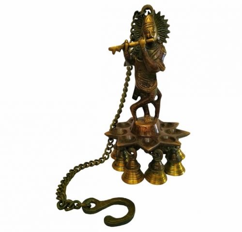 Brass Krishna Hanging Diya with Bells BKHDWB01