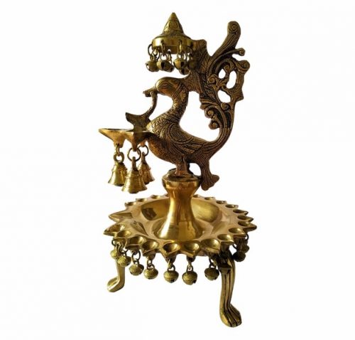 Brass Peacock Mayura 25 Batti Table Diya Lamp Stand with Bells BPM25BTD01
